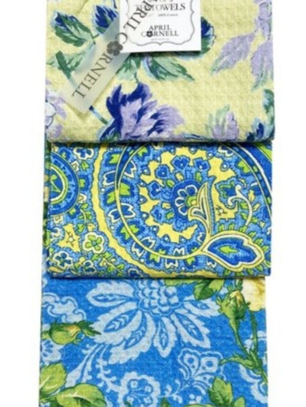 April Cornell  SET of 3 Kitchen Dish Towels Yellow  Blue Floral Paisley - NWT